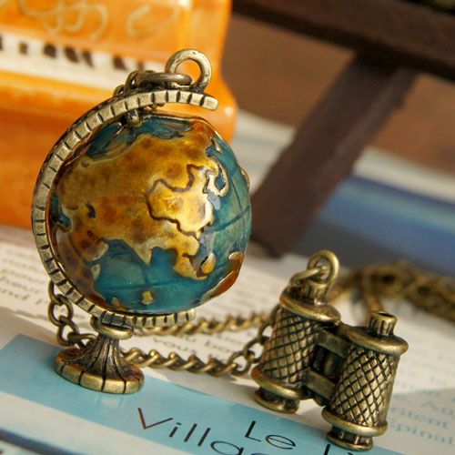 Nouvelle arrivée mode vintage télescope voyage globe pendentif collier femmes chandail chaîne 20 pcs