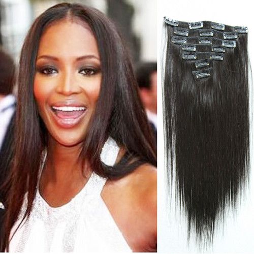 Al por mayor - 140 g / pc 8 pc / set 1B # Natural negro 100% real cabello humano / brasileño clips de cabello en extensiones reales de cabeza recta alta calidad