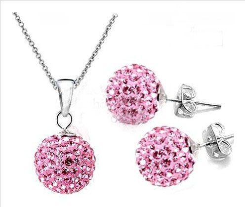 Fashion 925 silver AB Color Disco Crystal Beads Ball Pendant Necklaces Earrings Chains 30set/lot