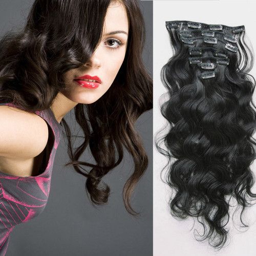 Hurtownie - 5A 12 "- 26", 8 sztuk Nieprzetworzone Brazylijski Remy Hair Ciała Fala Clip-in Hair Remy Human Hair Extensions, 1B # Natural Black, 100g / zestaw,