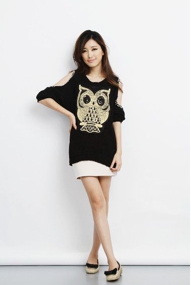 women sweater autumn winter owl dew shoulder nail bead pullovers sexy sweaters black red XMAS