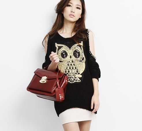 women sweater autumn winter owl dew shoulder nail bead pullovers sexy sweaters black red XMAS