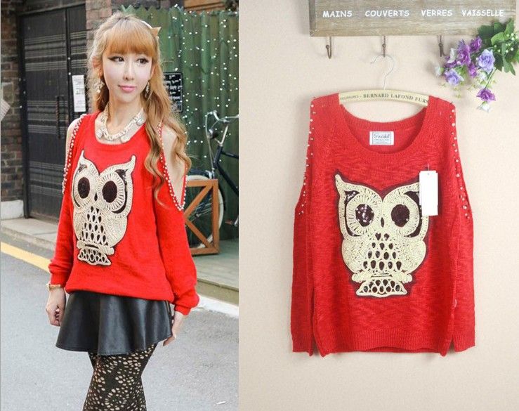 women sweater autumn winter owl dew shoulder nail bead pullovers sexy sweaters black red XMAS