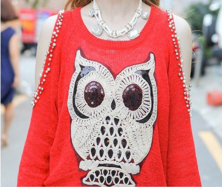 women sweater autumn winter owl dew shoulder nail bead pullovers sexy sweaters black red XMAS