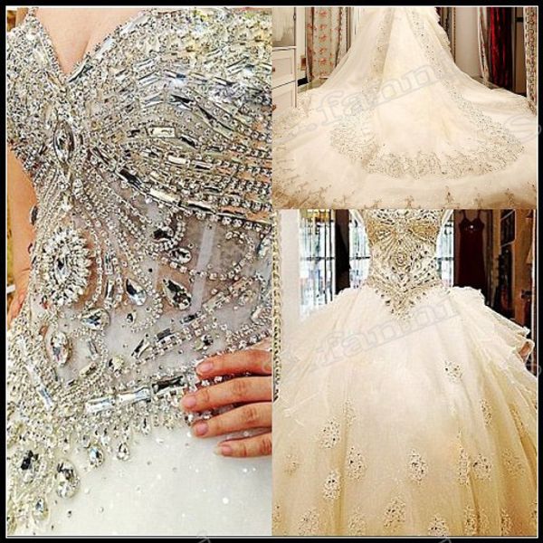 

Luxury Best Wedding Gown Fashion Handmade Crystals Beads Cathedral Train Spring Summer Wedding Dress 2015 Bridal Gown With Lace Up WD088