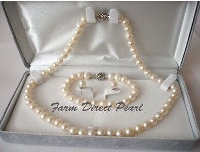 

pearl jewelry Genuine ROUND 8-9mm White Pearl Necklace 3pc SET 19" 925 silver clasp