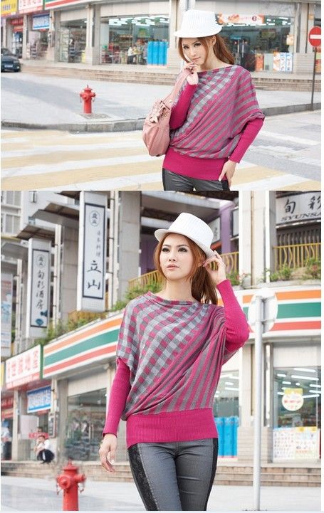 Two-way Reversible Plaid Stripe Loose Plus Size Batwing Sleeve Ladies' Knitted Pullover Sweater