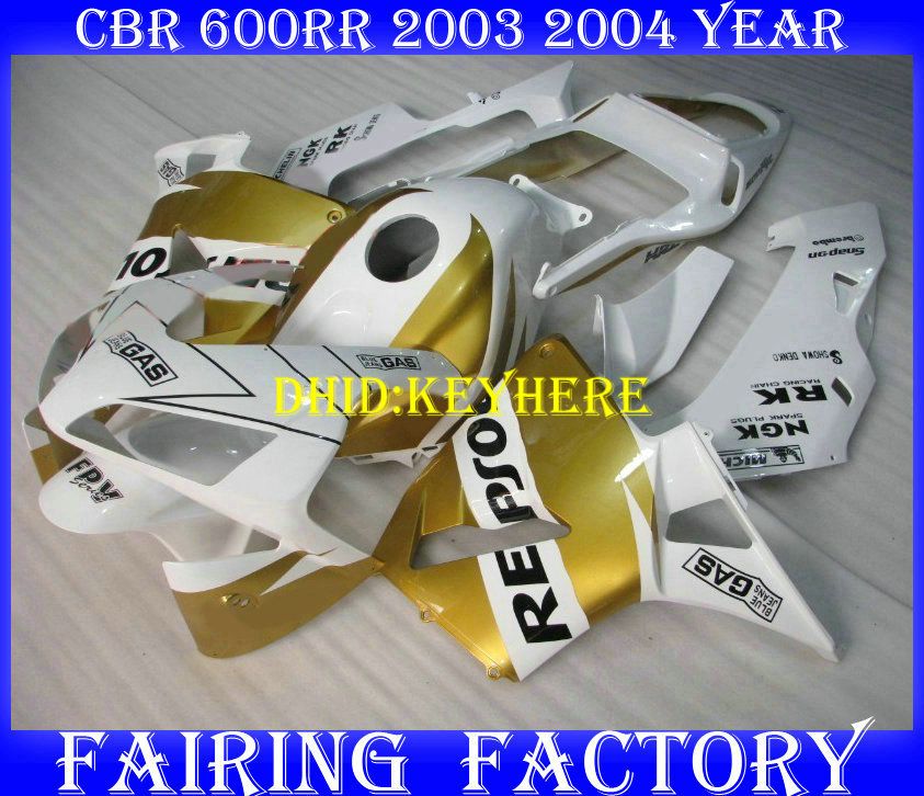 Injectie Wit / Gouden Repsole Fairing Kit voor Honda CBR 600RRR2003 2004 CBR600RR 03 04 F5 Body Farlings