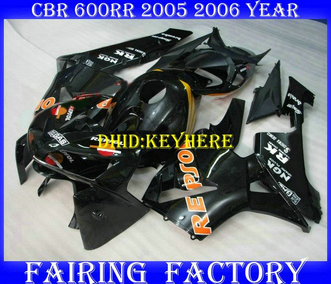 Honda 2005 2006 CBR600 RR CBR600RR 05 06 F5ボディキットのための注入ブラックレプリカABSレーシングフェアリング