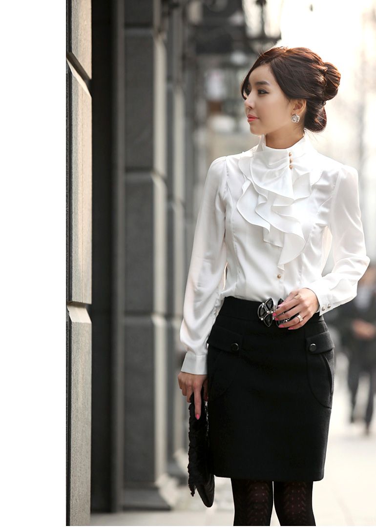 Hete dames mode elegante faux zijden standaard kraag gegolfde puff mouw tops shirt paars/kaki/wit