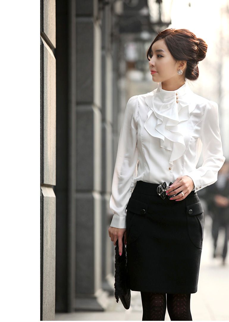 Hot Womens Fashion Elegant Faux Silk Stand Collar Ruffled Puff Sleeve Tops Shirt Purple/Khaki/White