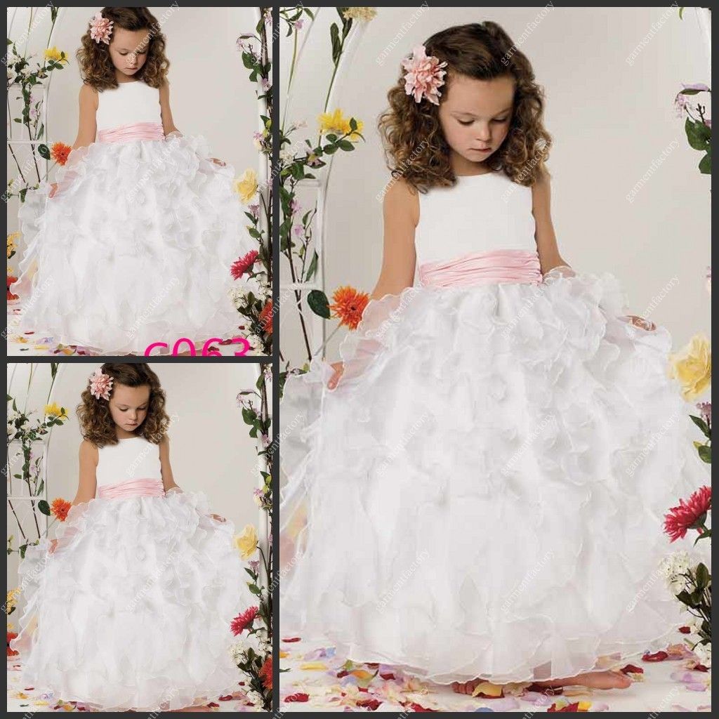 Wedding Flower Girls Dress Jewel Neckilne White Organza Floor Length ...