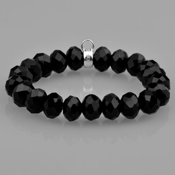 Shiny Black Crystal Bead Strencth Bracelet With Silver Charm Carrier