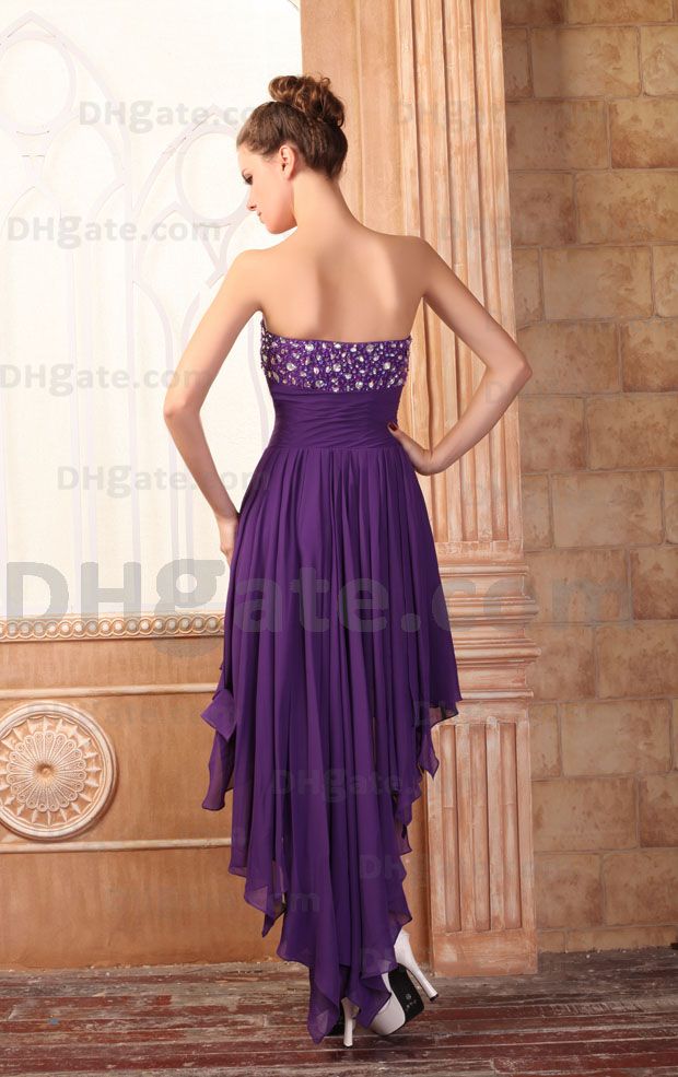 Lovely Purple Short Prom Dresses Ruched Chiffon Beads Sweetheart Hi Low