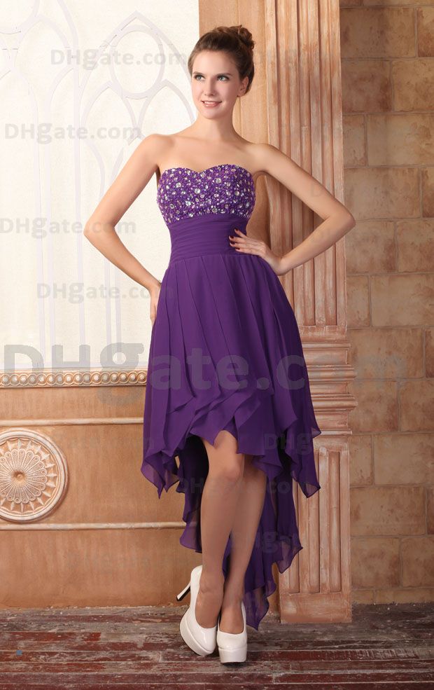 Lovely Purple Short Prom Dresses Ruched Chiffon Beads Sweetheart Hi Low