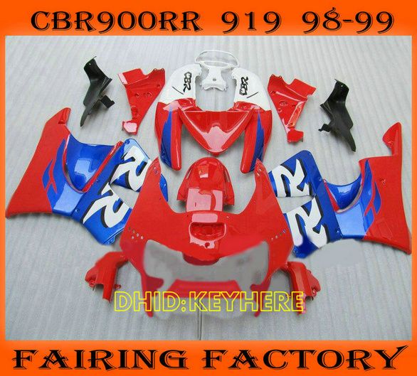 Röd / Blå Race Moto ABS Fairing för Honda CBR900RR 919 1998 1999 CBR 919RR 98 99 CBR 900 RR Fairings