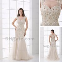 Mermaid Evening Dresses Real Actual Picture Sheer Scoop Beaded Rhinestones Champagne Tulle Floor Length DHYZ 02