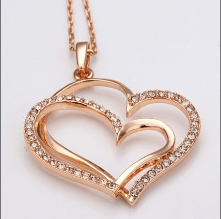 Pläterad 18k Rose Gold Czech Diamond Heart Pendant Halsband Fashion Top Smycken Gratis frakt 10st