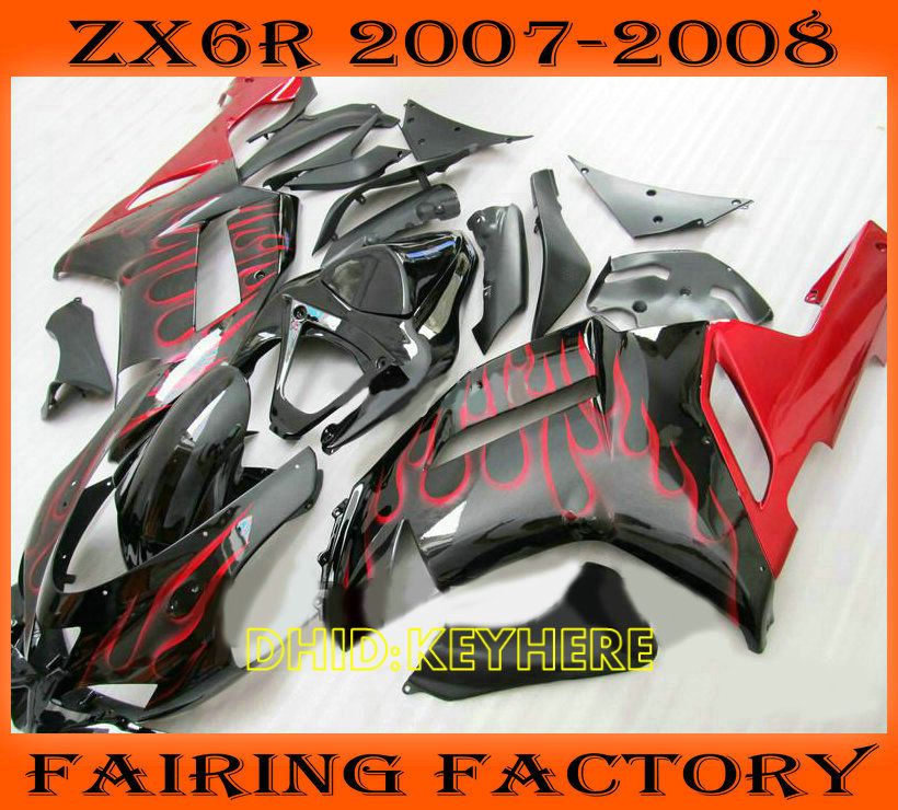 Red Flame Motorcycle ABS Fairing dla Kawasaki Ninja ZX6R 07 08 ZX 6R 2008 2008 Niestandardowy zestaw do ciała wyścigowego