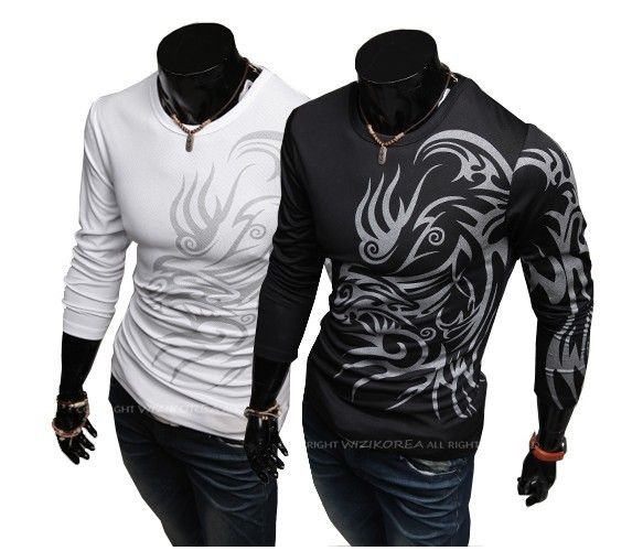 Cheap Men Fashion Tattoo Round Neck Long Sleeve T Shirts Chinese Dragon ...