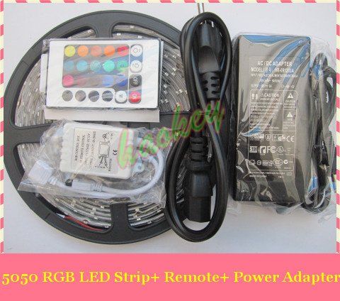 100M 12V RGB Led Strip Waterproof 5M SMD 5050 300 LEDs/Roll + 24 keys IR Remote controller + 12V 5A Power Supply Adapter 100 Meter Via DHL