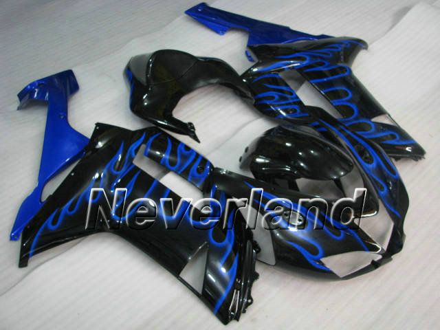 Blue Flames Black Fairing Kit för Kawasaki Ninja ZX6R 07 08 ZX-6R 2007-2008 636 ZX 6R 07 08 2007 2008