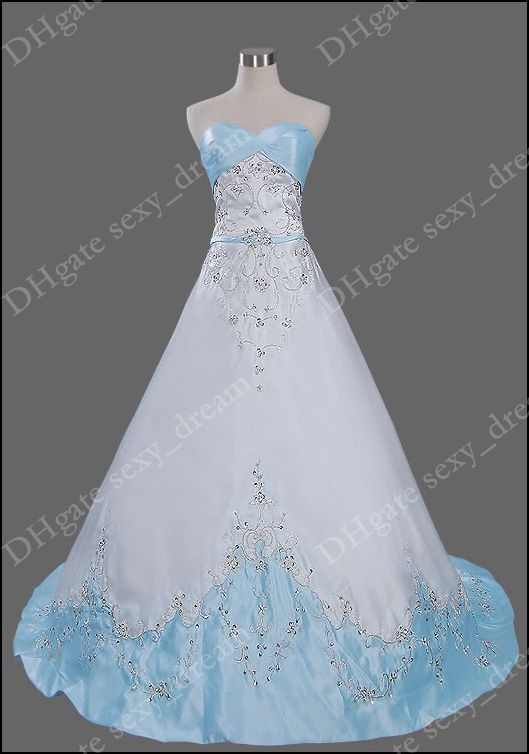 wedding gown with blue accent