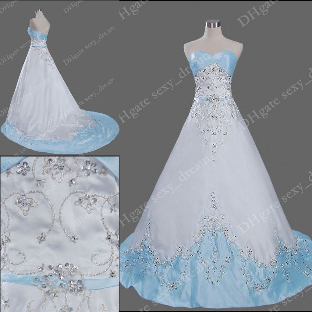 wedding gown with blue accent