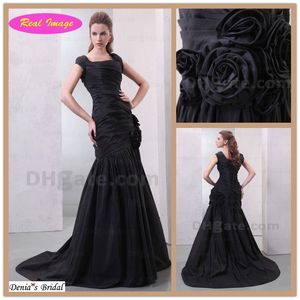 taffeta dress designs achat en gros de Style classique noir robes de soirée carrées sirène avec D robe de bal à la main plissée fleur HX66 dhyz