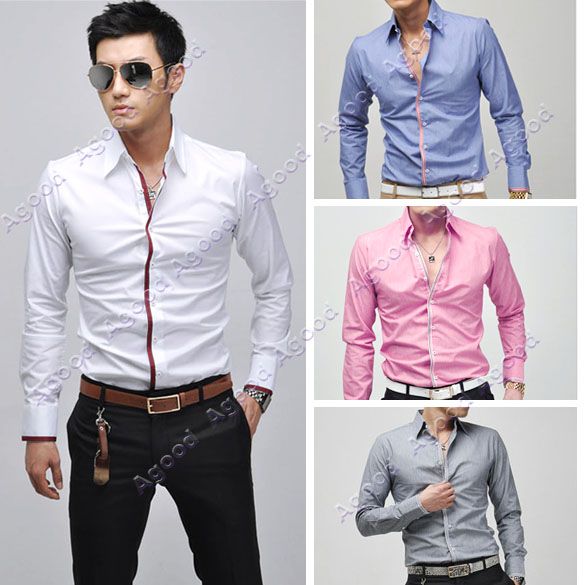 New Fashion Men Dress Shirts Long Sleeve Casual Slim Fit Shirt Tops ...