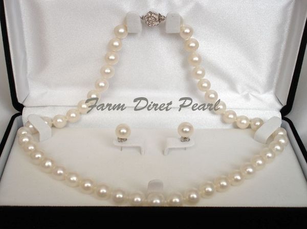 

Новые Изящные Жемчужные Украшения Подлинная КРУГЛЫЙ 9-10 мм Белый Жемчуг Ожерелье