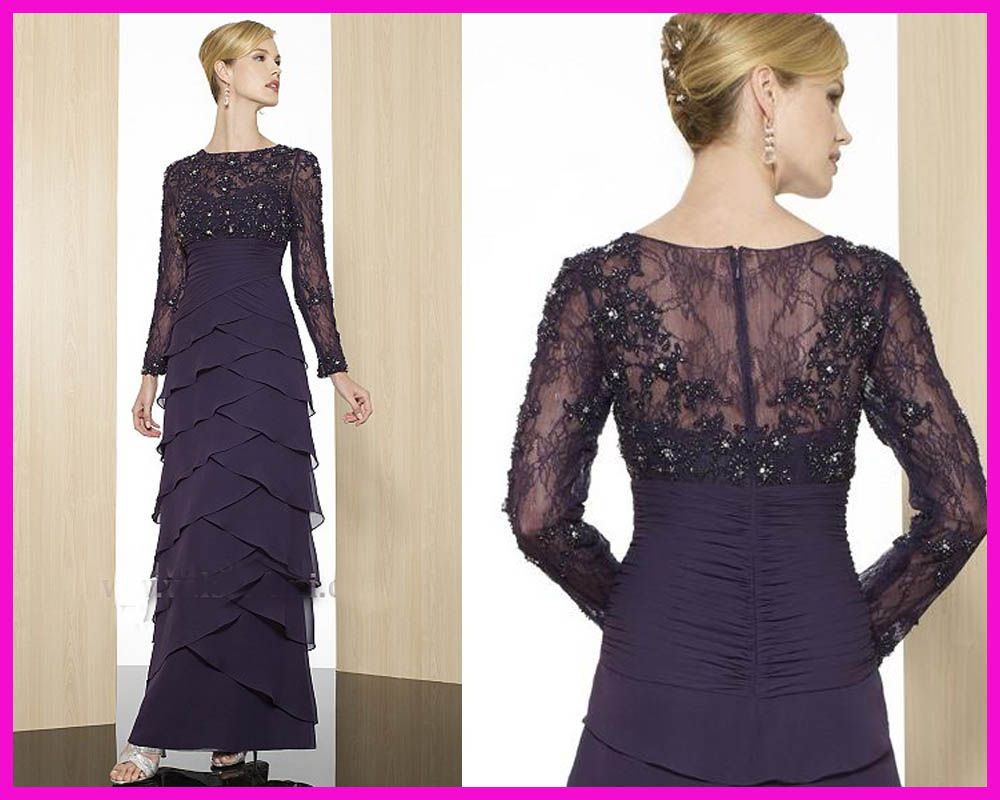 Purple High Neck Long Sleeve Lace Mother Of The Bride Gowns Special ...