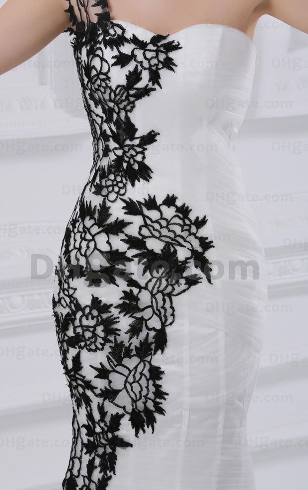 white wedding dress with black flowers