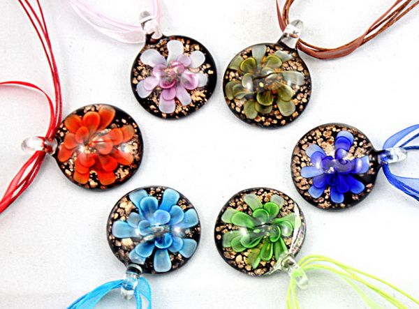 Runda lampor glas hängsmycke halsband mode italiensk konst Murano 3d blomma guld damm glas smycken