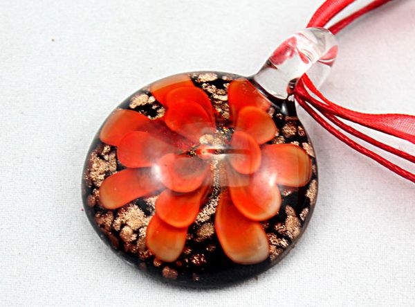 Yuvarlak lampwork cam kolye kolye Moda İtalyan Sanatı murano 3D Çiçek Altın toz cam takı