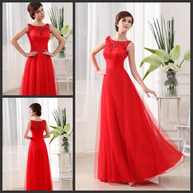 Hot Sale Customized Boat Neck A Line Floor Length Red Tulle Evening ...