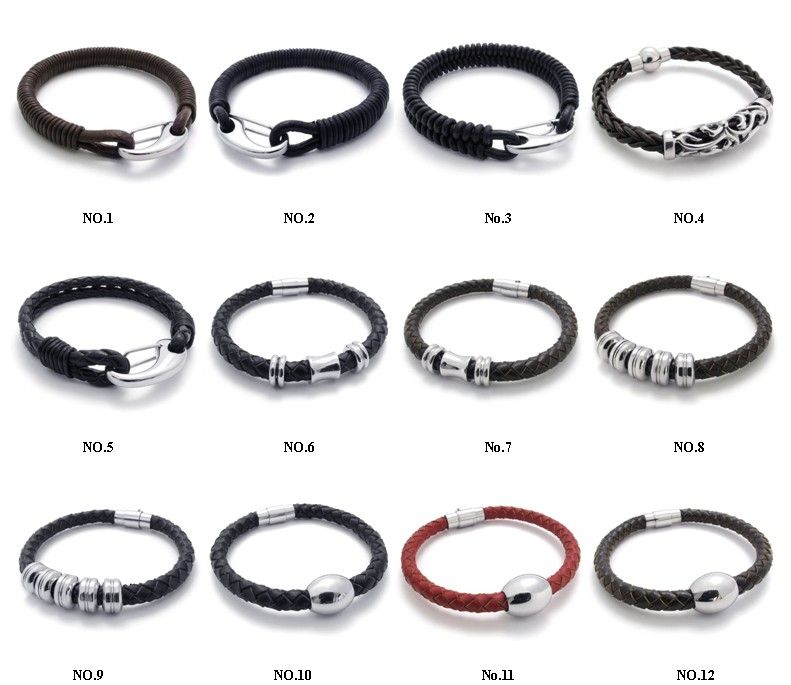 Genuine Leather Cuff Bracelet Men Stainless Steel Wrist Band Braided
