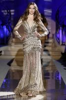 Wholesale Sexy Sheer Sparkly Tulle Gold Crystal Long Sleeves V neck Backless Beauty Zuhair Murad Long Evening Prom Dresses ZH001