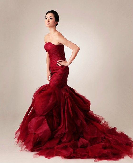 Strapless Ruffled Red Mermaid Wedding Dresses 2013 New Pageant Formal
