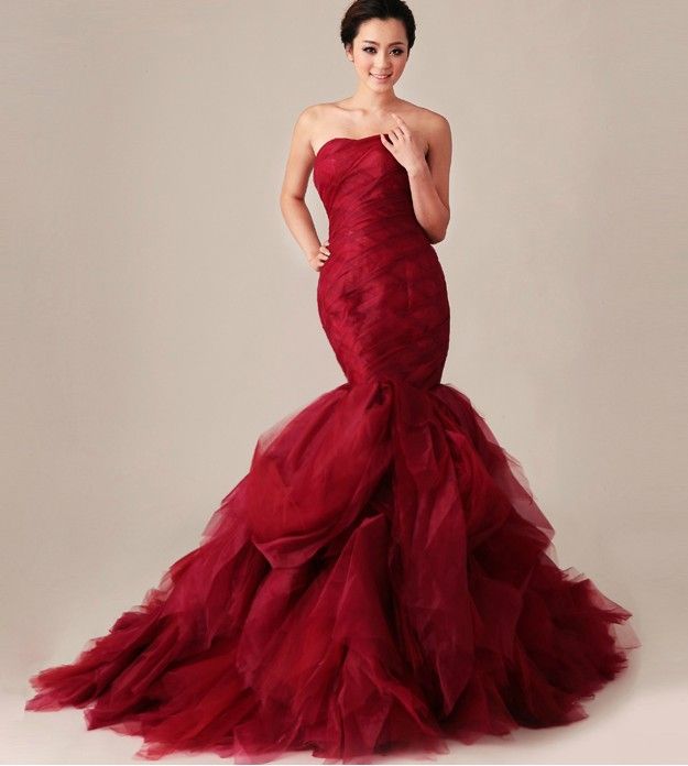 Strapless Ruffled Red Mermaid Wedding Dresses 2013 New Pageant Formal