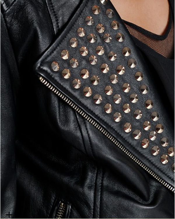 Women Black PU Leather Rivets Jackets Motorcycle Slim Cardigan Rivet Turn Down Collar Punk 