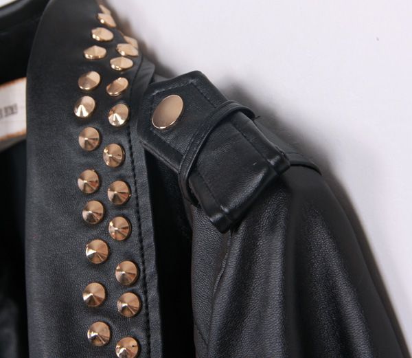Women Black PU Leather Rivets Jackets Motorcycle Slim Cardigan Rivet