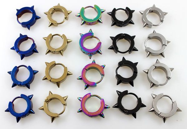 20 Pairs Mens Black Silver Rainbow Blue Gold Cone Spike Punk Hoop Huggies Rostfritt stål Earri