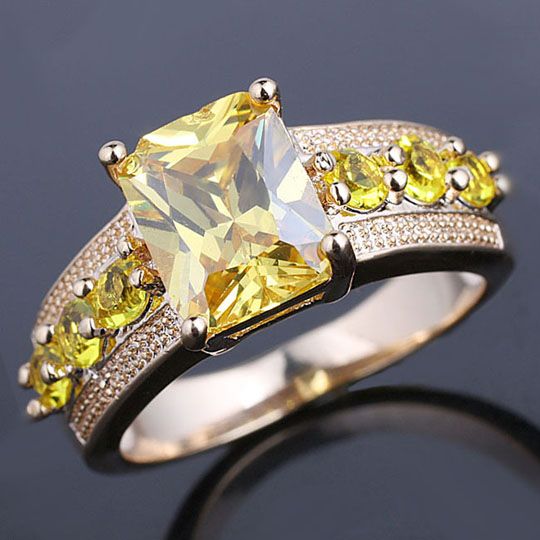 2019 Gold Filled Radiant Cut Yellow Citrine Stone Women Cocktail Ring
