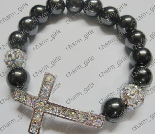 20st * Xmas Present 10mm Mix Crystal Disco Pave Ball Sideway Rhinestone Cross Armband