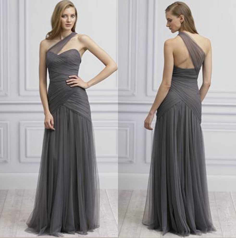 Grey One Shoulder Tulle A Line Floor Length Ruffled Long 2015 ...