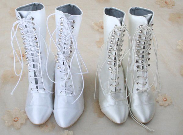 White Wedding Boots Satin Low Heels Bridal Party Shoes