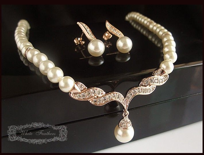 Ensembles de bijoux collier et boucles d'oreilles de mariage en cristal strass avec fausses perles crème