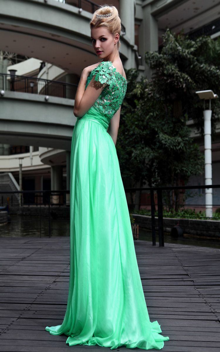 2013 Elegant Long Prom Dresses A Line Chiffon Lace Crystal Beaded Floor ...