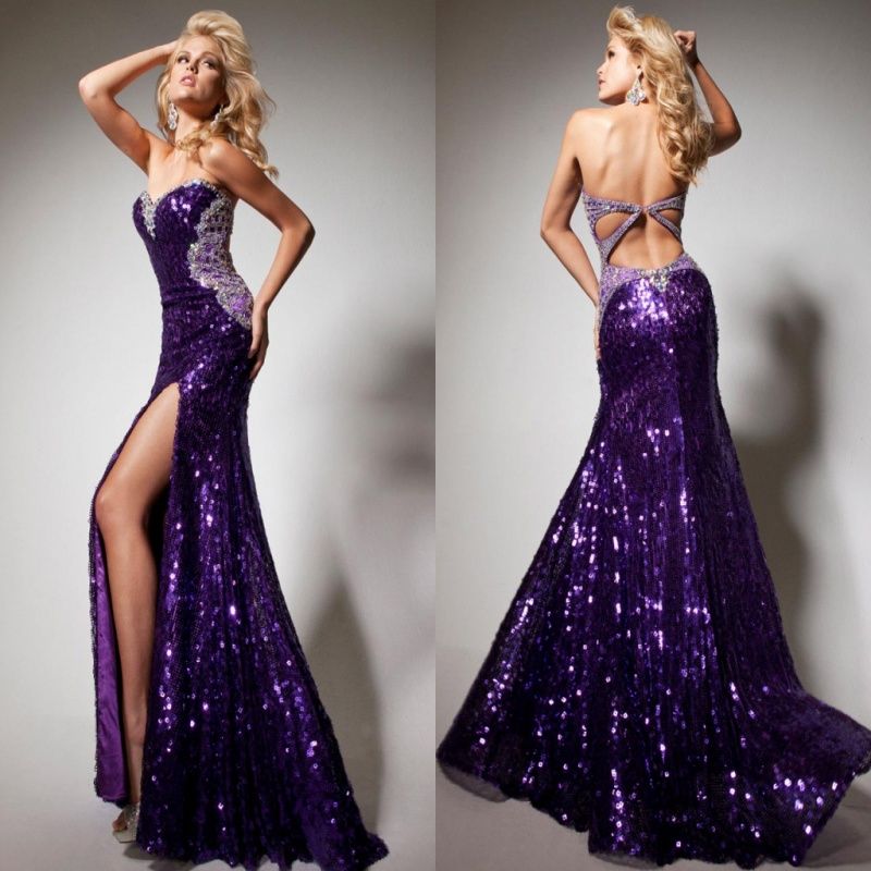 2016 New Design Purple Stunning Sequin Beading Side Split Sexy Pageant ...